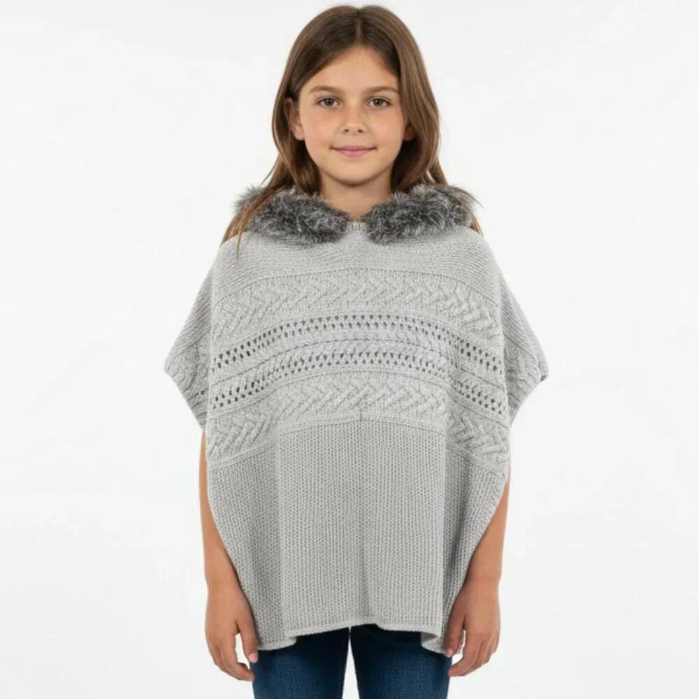 GAP KIDS Poncho Vest Hooded Knit Gray Boho Nordic Faux Fur Gray L